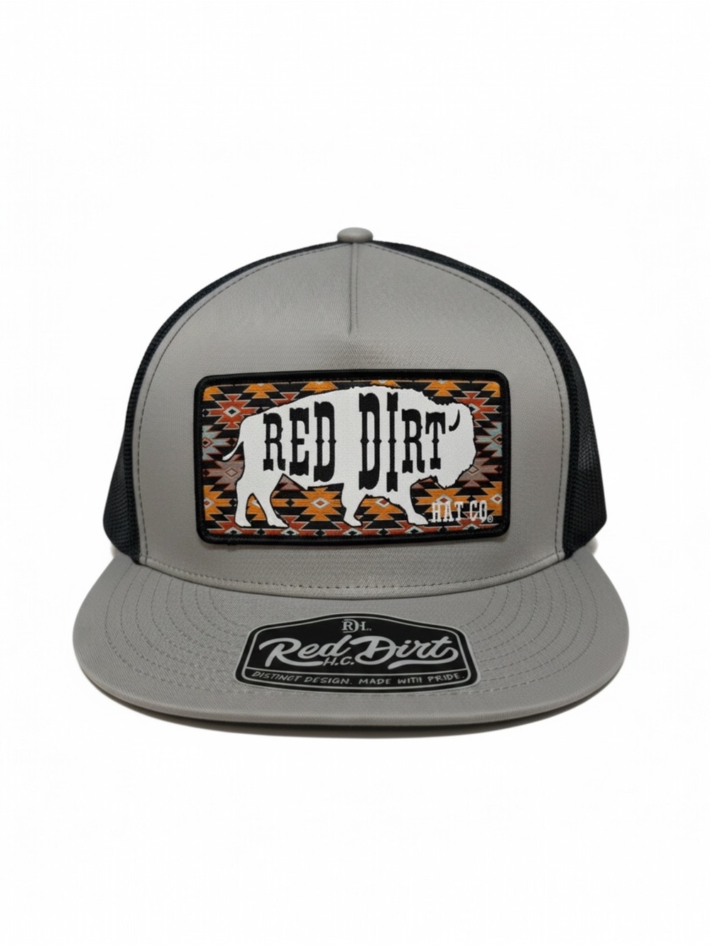 Red Dirt Hat Co Buffalo Patch Flat Bill Trucker Hat Gray Black Mesh SnapBack NWT